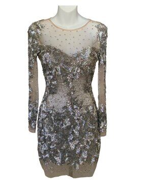 Jovani Silver Long Sleeve Sequin Embellished Sheer Illusion Dress removable cups